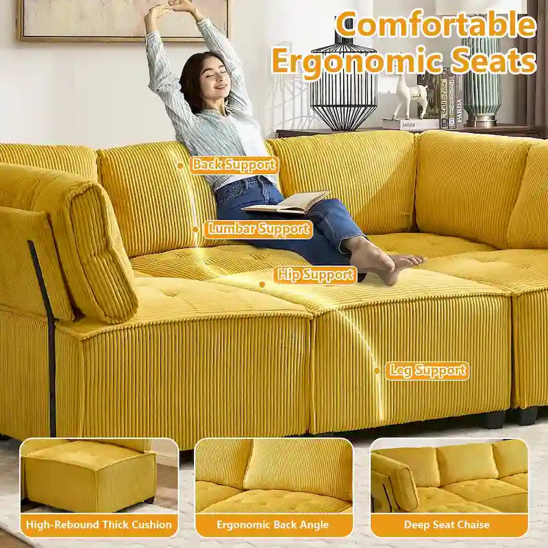 Canapé modulable convertible 6 places en velours côtelé en forme de U, idéal pour le salon