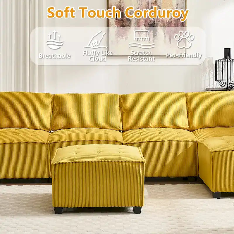 Canapé modulable convertible 6 places en velours côtelé en forme de U, idéal pour le salon