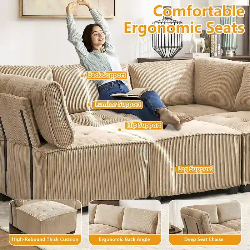 Canapé modulable convertible 6 places en velours côtelé en forme de U, idéal pour le salon