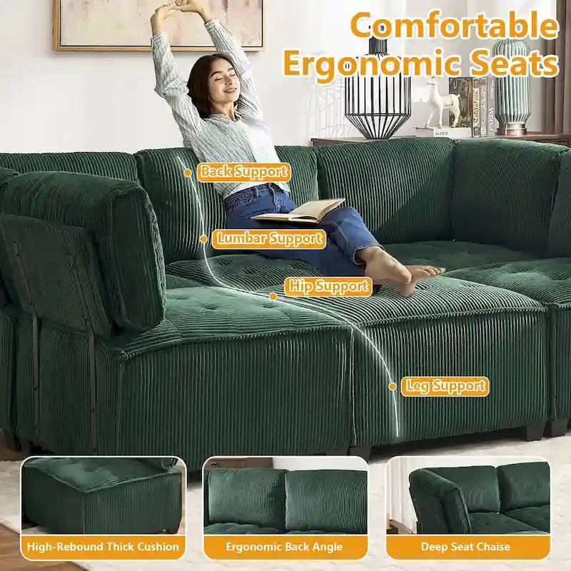 Canapé modulable convertible 6 places en velours côtelé en forme de U, idéal pour le salon