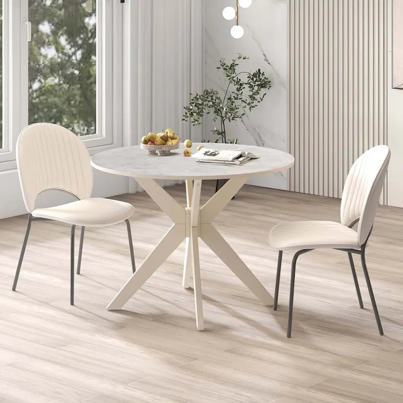 Costway Table de salle à manger ronde 36" plateau imitation marbre pieds en bois d'hévéa - Voir détails