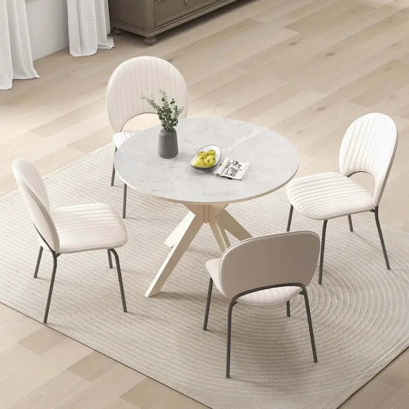 Costway Table de salle à manger ronde 36" plateau imitation marbre pieds en bois d'hévéa - Voir détails