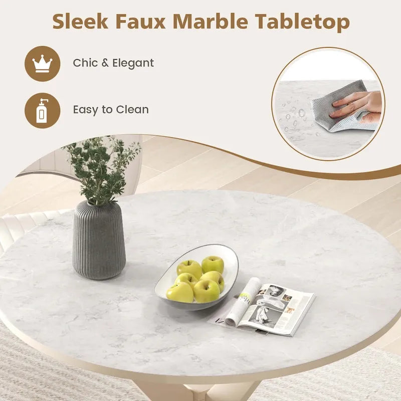 Costway Table de salle à manger ronde 36" plateau imitation marbre pieds en bois d'hévéa - Voir détails