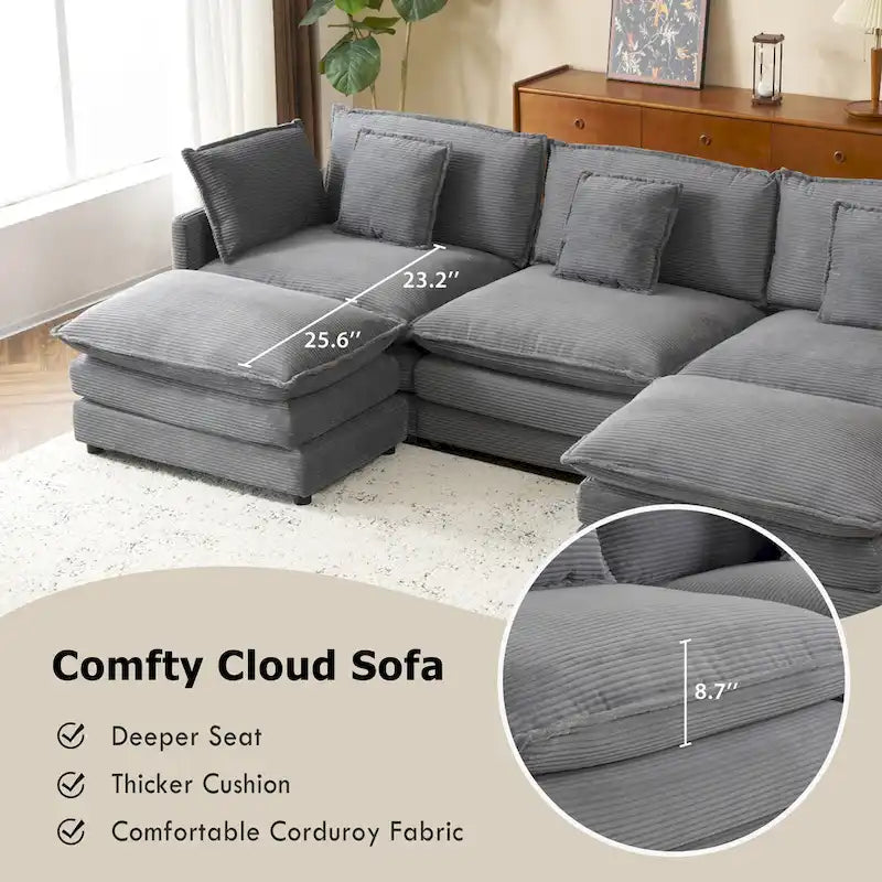 Canapé modulaire, canapé d'angle en velours côtelé avec poches de rangement latérales et pouf mobile