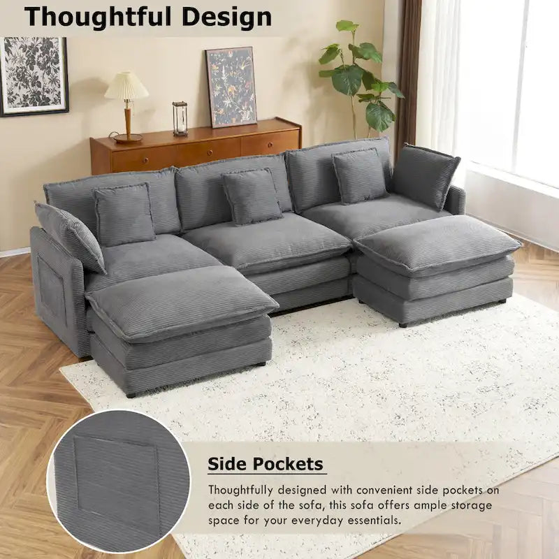 Canapé modulaire, canapé d'angle en velours côtelé avec poches de rangement latérales et pouf mobile