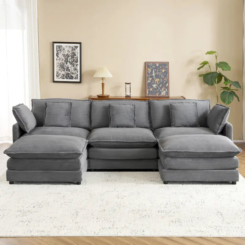 Canapé modulaire, canapé d'angle en velours côtelé avec poches de rangement latérales et pouf mobile