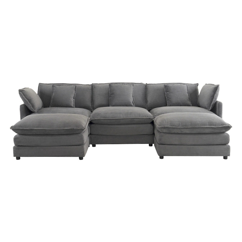Canapé modulaire, canapé d'angle en velours côtelé avec poches de rangement latérales et pouf mobile