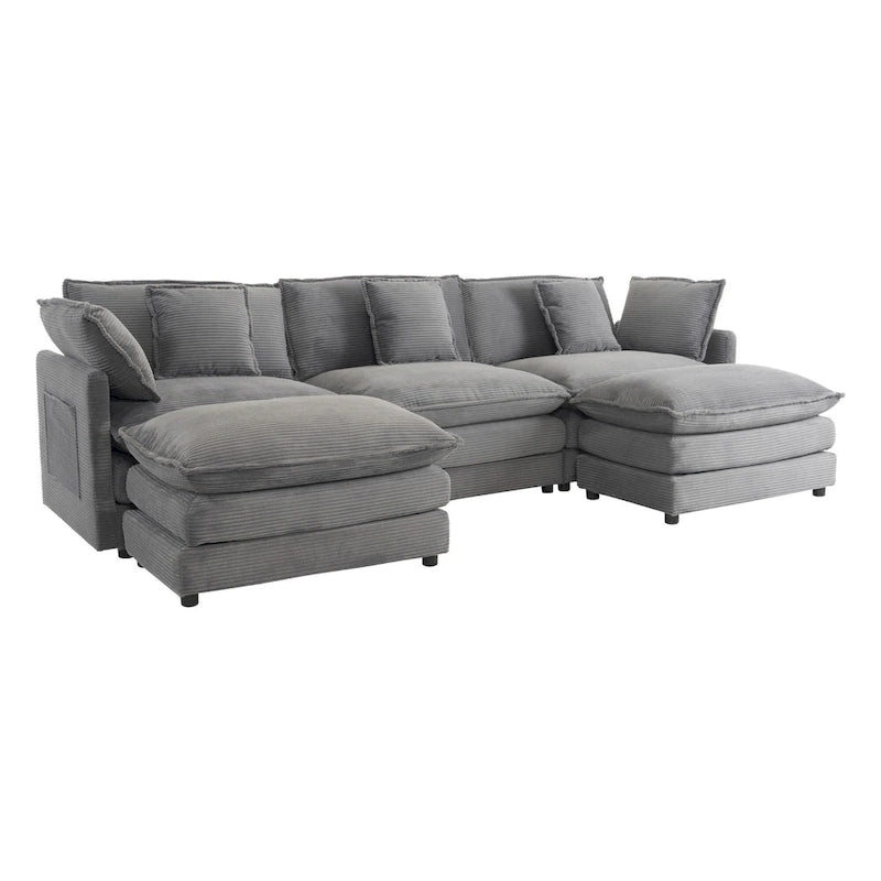 Canapé modulaire, canapé d'angle en velours côtelé avec poches de rangement latérales et pouf mobile