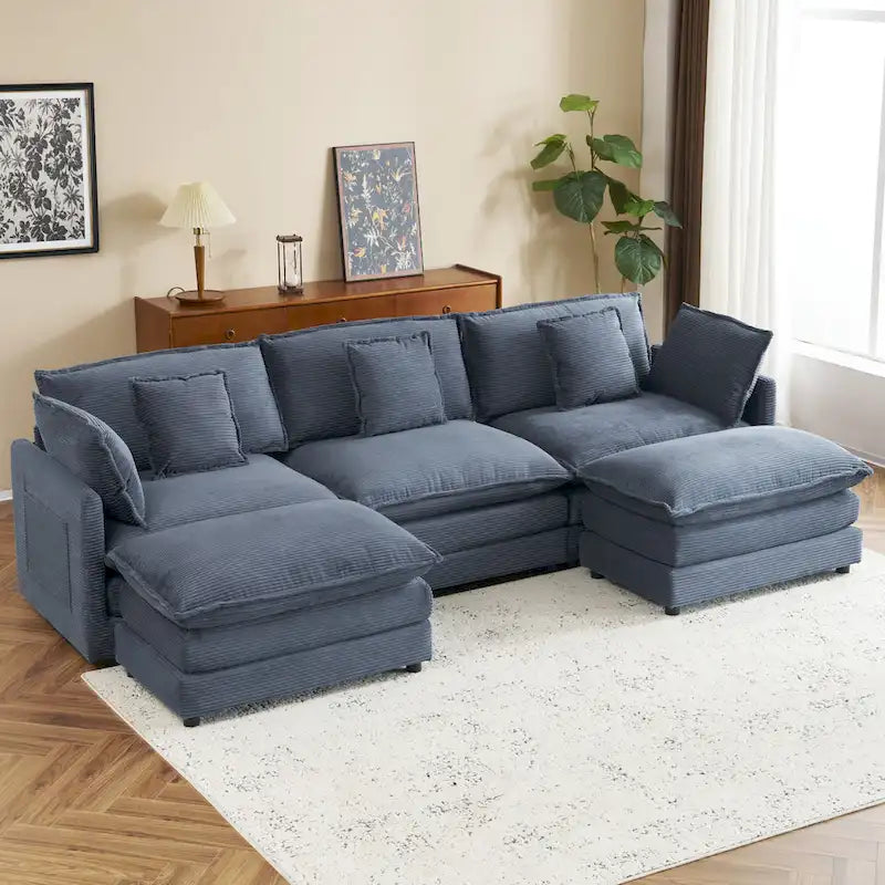 Canapé modulaire, canapé d'angle en velours côtelé avec poches de rangement latérales et pouf mobile