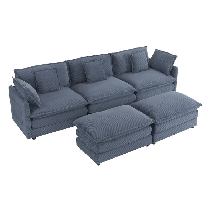 Canapé modulaire, canapé d'angle en velours côtelé avec poches de rangement latérales et pouf mobile