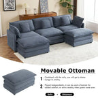 Canapé modulaire, canapé d'angle en velours côtelé avec poches de rangement latérales et pouf mobile