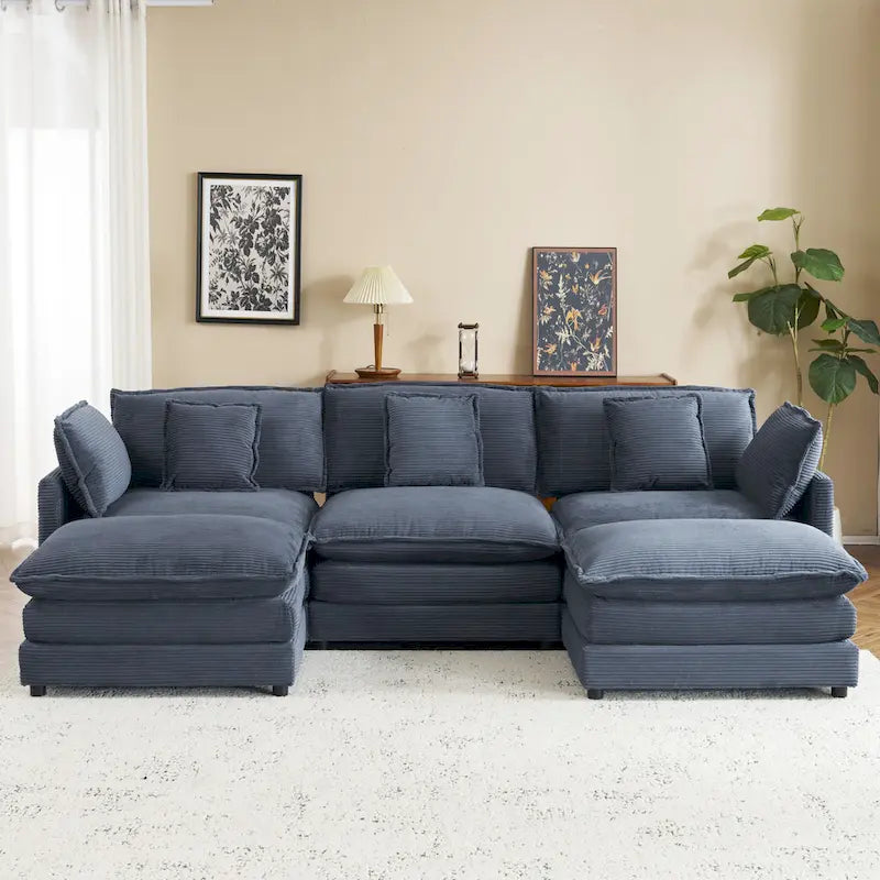 Canapé modulaire, canapé d'angle en velours côtelé avec poches de rangement latérales et pouf mobile