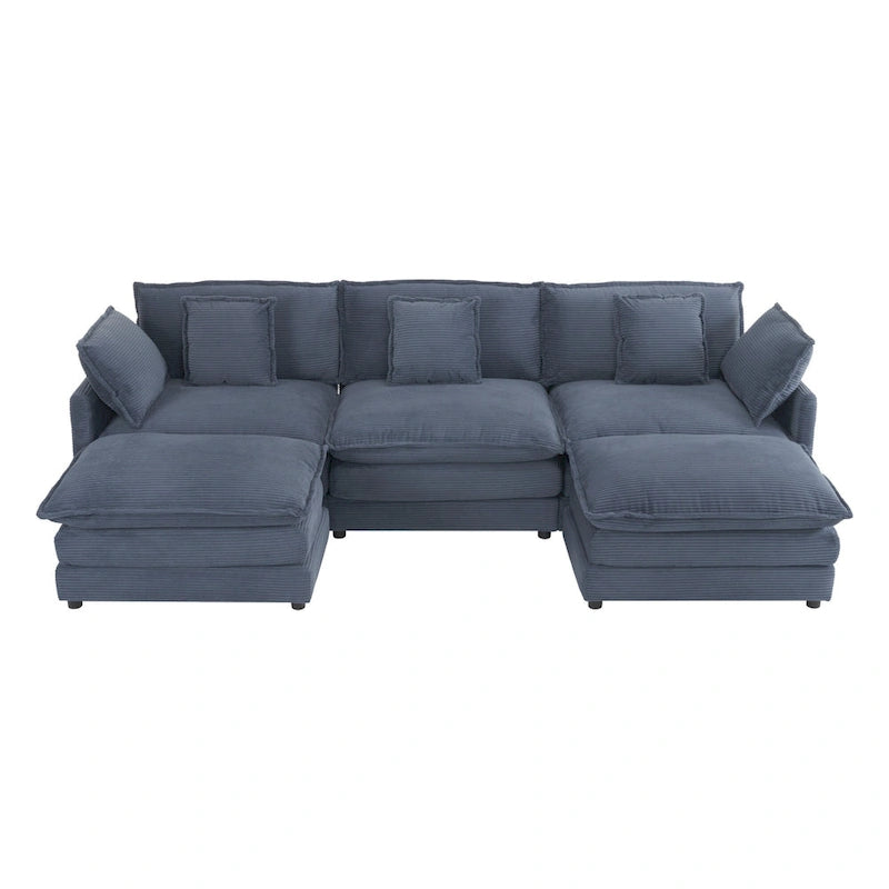 Canapé modulaire, canapé d'angle en velours côtelé avec poches de rangement latérales et pouf mobile