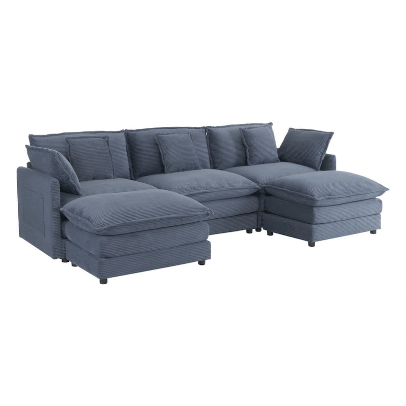 Canapé modulaire, canapé d'angle en velours côtelé avec poches de rangement latérales et pouf mobile