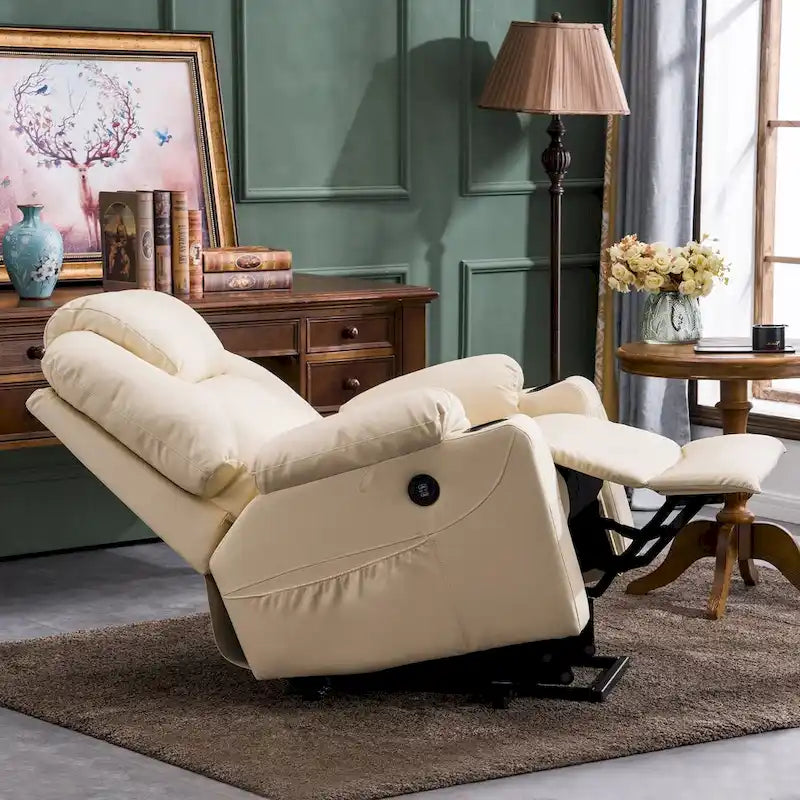 Fauteuil inclinable électrique grand format en cuir MCombo avec massage, chauffage, porte-gobelets, repose-pieds étendu, cuir 7516