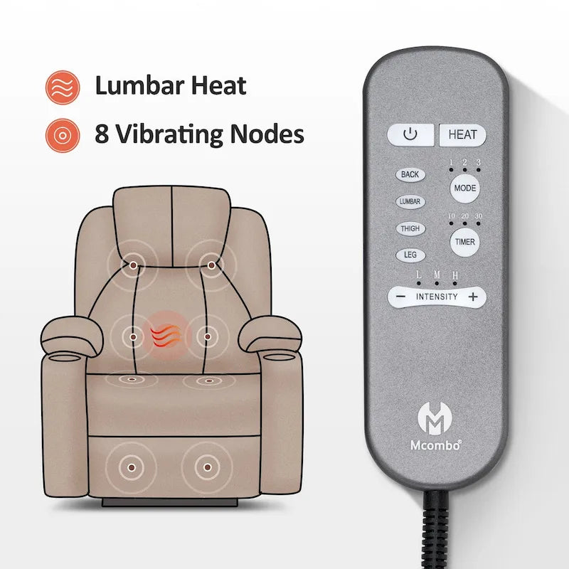 Fauteuil inclinable électrique grand format en cuir MCombo avec massage, chauffage, porte-gobelets, repose-pieds étendu, cuir 7516
