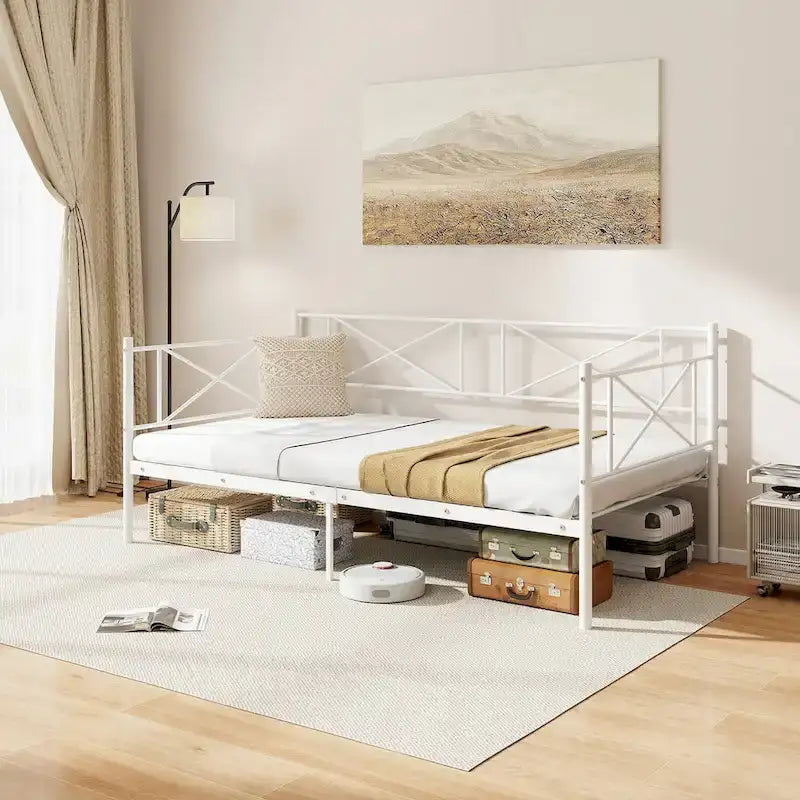 Gymax Lit de repos double en métal, plateforme moderne avec métal robuste