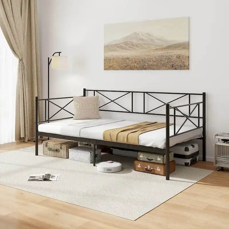 Gymax Lit de repos double en métal, plateforme moderne avec métal robuste