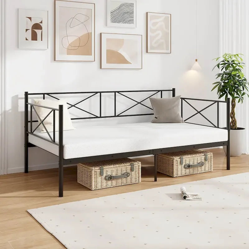 Gymax Lit de repos double en métal, plateforme moderne avec métal robuste