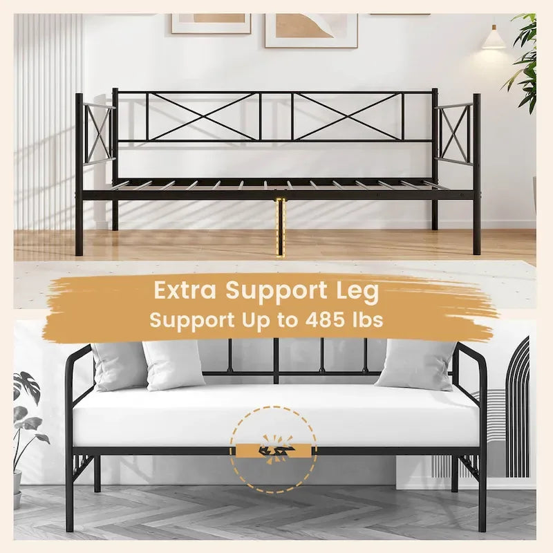 Gymax Lit de repos double en métal, plateforme moderne avec métal robuste