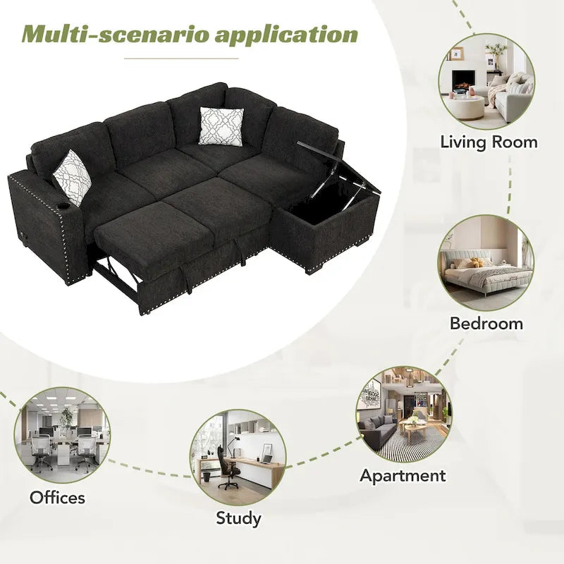 Canapé d'angle 4 places en L de 83,8 po avec lit gigogne, méridienne de rangement, ports USB, prises de courant et porte-gobelets