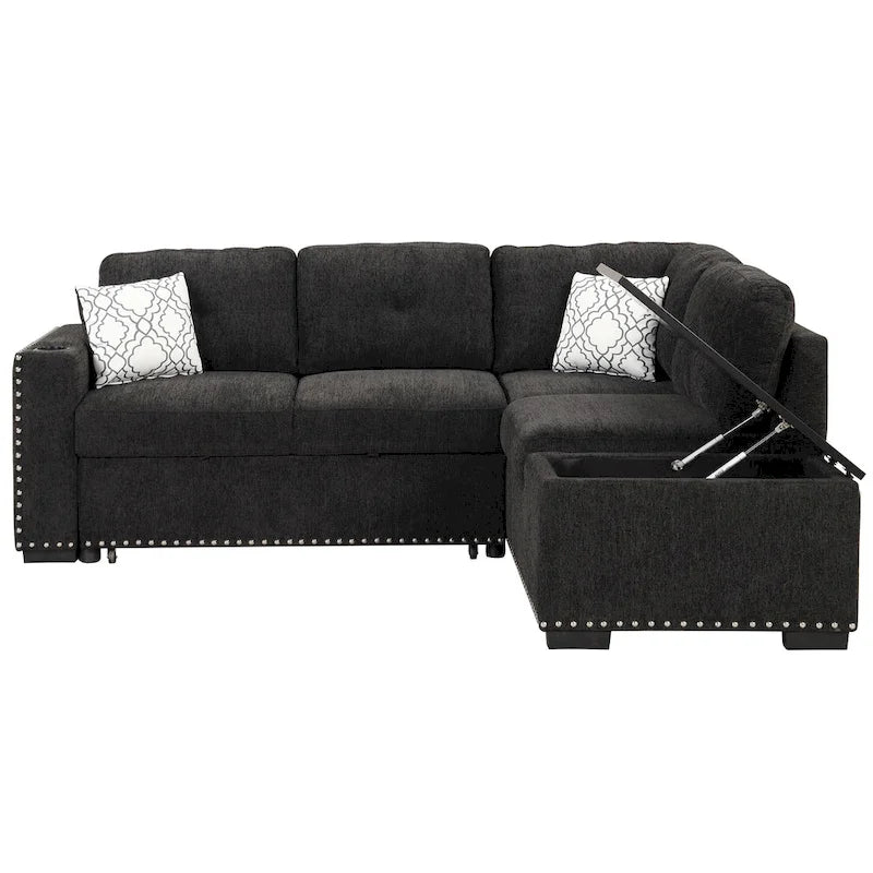 Canapé d'angle 4 places en L de 83,8 po avec lit gigogne, méridienne de rangement, ports USB, prises de courant et porte-gobelets