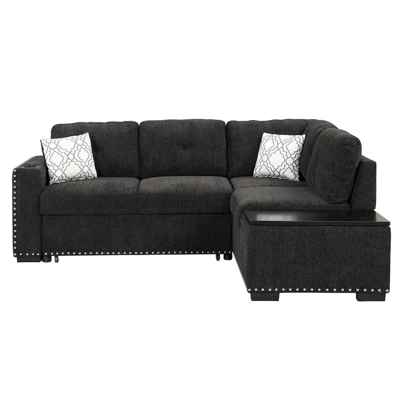 Canapé d'angle 4 places en L de 83,8 po avec lit gigogne, méridienne de rangement, ports USB, prises de courant et porte-gobelets