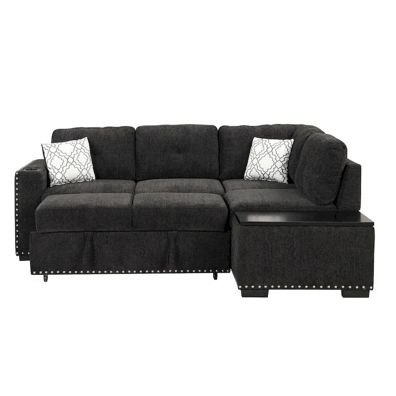 Canapé d'angle 4 places en L de 83,8 po avec lit gigogne, méridienne de rangement, ports USB, prises de courant et porte-gobelets