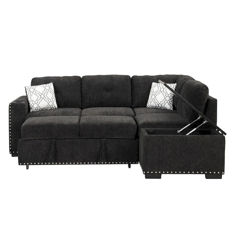 Canapé d'angle 4 places en L de 83,8 po avec lit gigogne, méridienne de rangement, ports USB, prises de courant et porte-gobelets