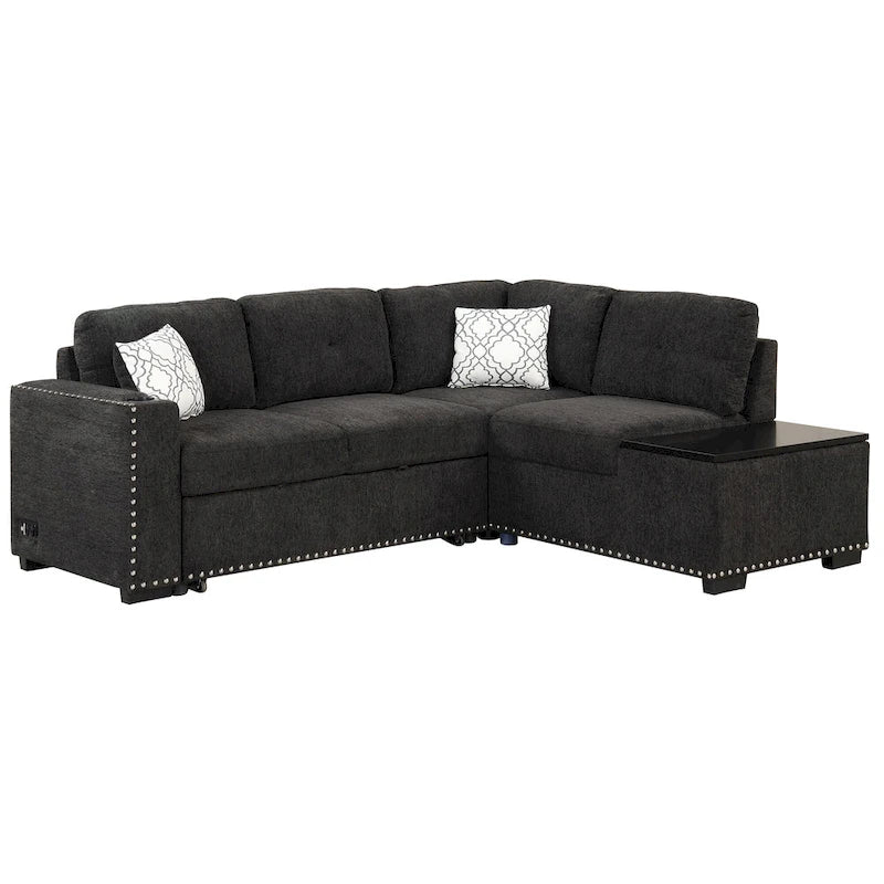 Canapé d'angle 4 places en L de 83,8 po avec lit gigogne, méridienne de rangement, ports USB, prises de courant et porte-gobelets