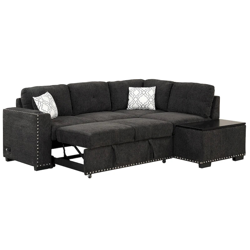 Canapé d'angle 4 places en L de 83,8 po avec lit gigogne, méridienne de rangement, ports USB, prises de courant et porte-gobelets
