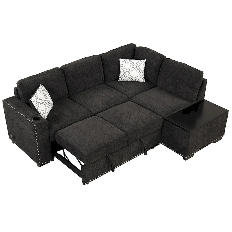 Canapé d'angle 4 places en L de 83,8 po avec lit gigogne, méridienne de rangement, ports USB, prises de courant et porte-gobelets