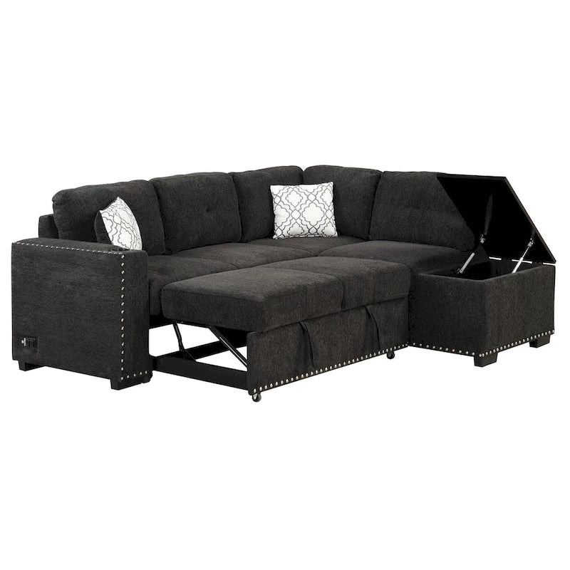 Canapé d'angle 4 places en L de 83,8 po avec lit gigogne, méridienne de rangement, ports USB, prises de courant et porte-gobelets