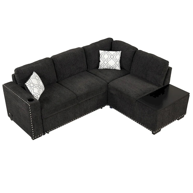 Canapé d'angle 4 places en L de 83,8 po avec lit gigogne, méridienne de rangement, ports USB, prises de courant et porte-gobelets