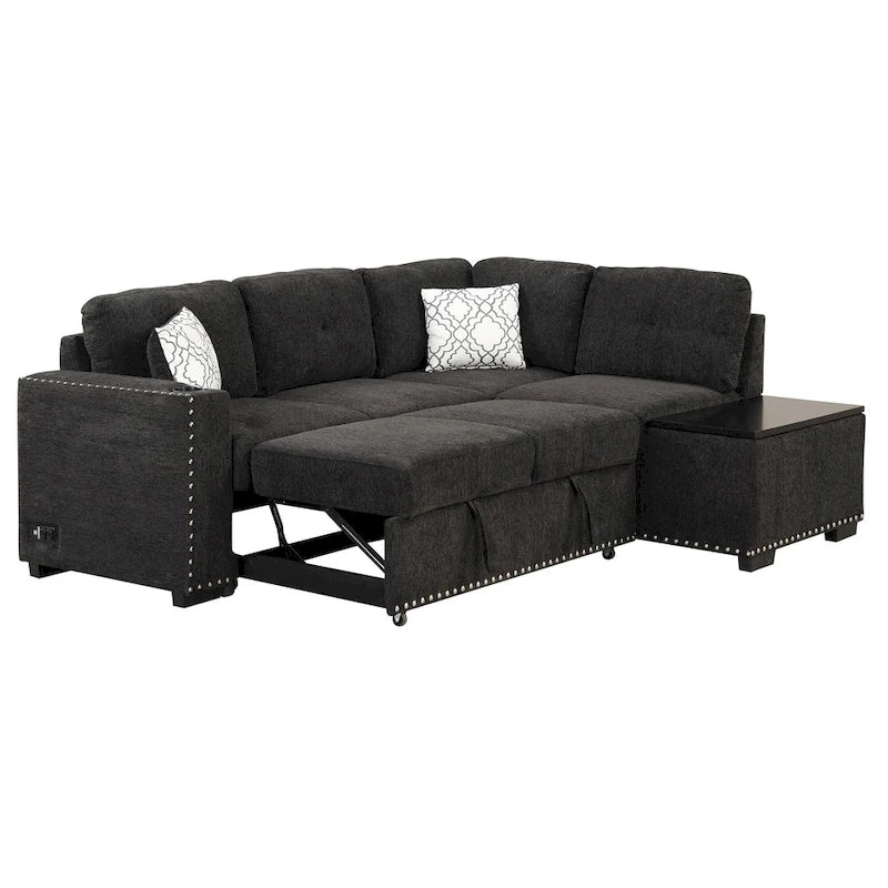 Canapé d'angle 4 places en L de 83,8 po avec lit gigogne, méridienne de rangement, ports USB, prises de courant et porte-gobelets
