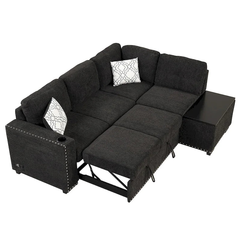 Canapé d'angle 4 places en L de 83,8 po avec lit gigogne, méridienne de rangement, ports USB, prises de courant et porte-gobelets