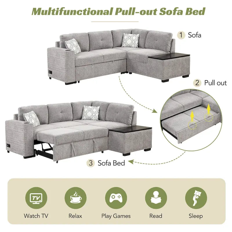 Canapé d'angle 4 places en L de 83,8 po avec lit gigogne, méridienne de rangement, ports USB, prises de courant et porte-gobelets