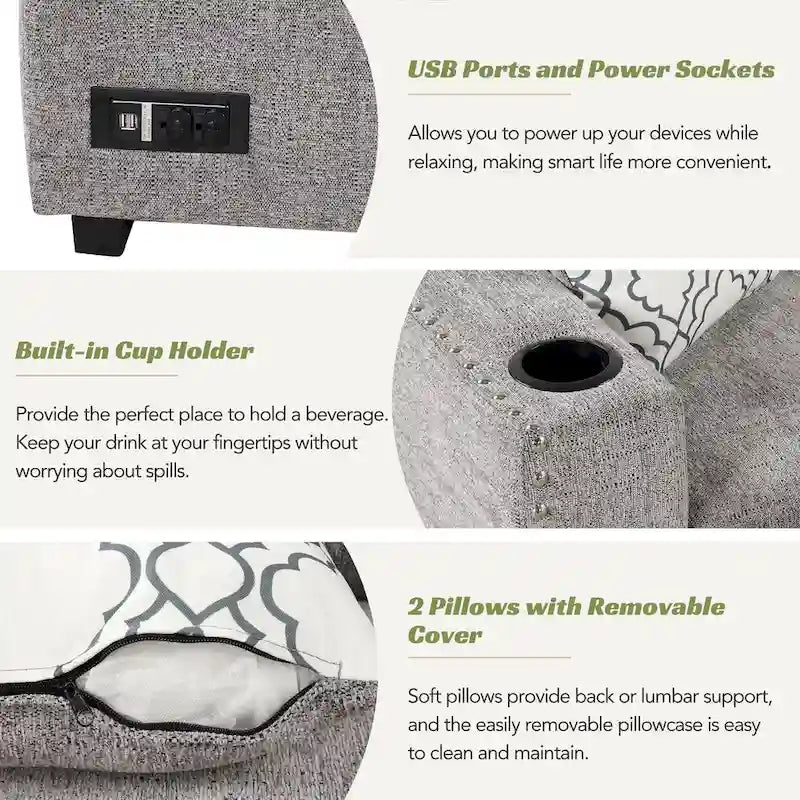 Canapé d'angle 4 places en L de 83,8 po avec lit gigogne, méridienne de rangement, ports USB, prises de courant et porte-gobelets