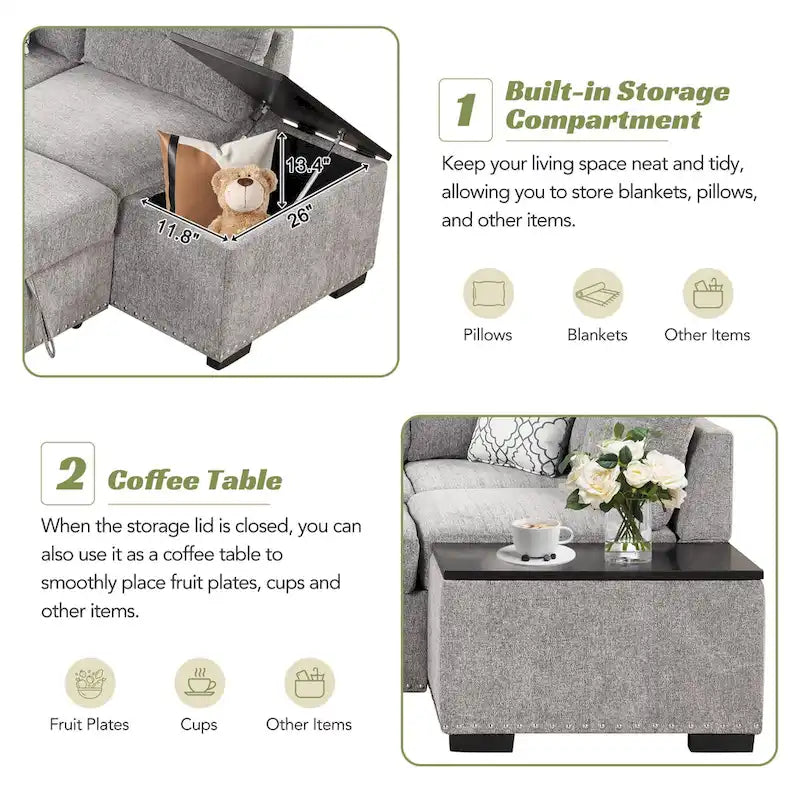 Canapé d'angle 4 places en L de 83,8 po avec lit gigogne, méridienne de rangement, ports USB, prises de courant et porte-gobelets