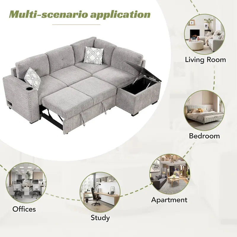 Canapé d'angle 4 places en L de 83,8 po avec lit gigogne, méridienne de rangement, ports USB, prises de courant et porte-gobelets