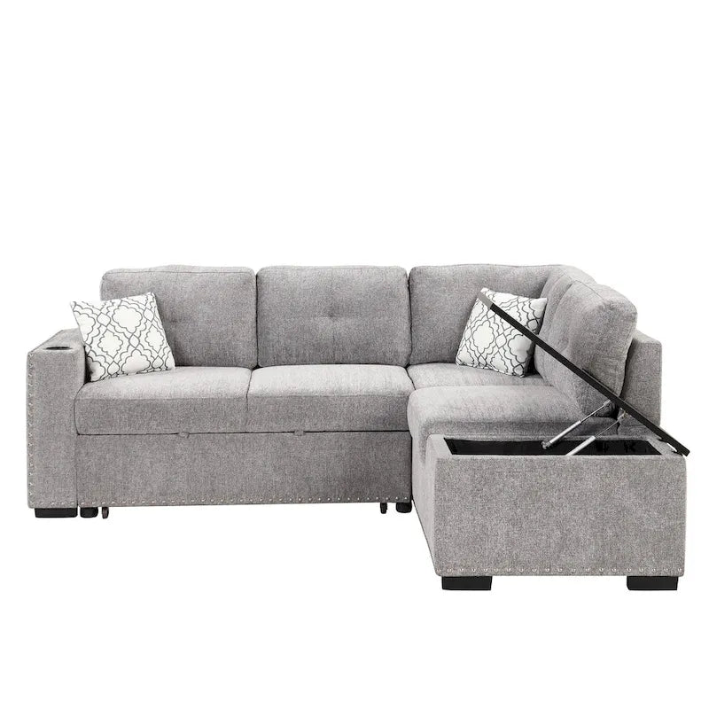 Canapé d'angle 4 places en L de 83,8 po avec lit gigogne, méridienne de rangement, ports USB, prises de courant et porte-gobelets