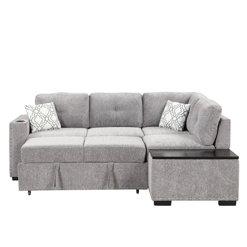 Canapé d'angle 4 places en L de 83,8 po avec lit gigogne, méridienne de rangement, ports USB, prises de courant et porte-gobelets