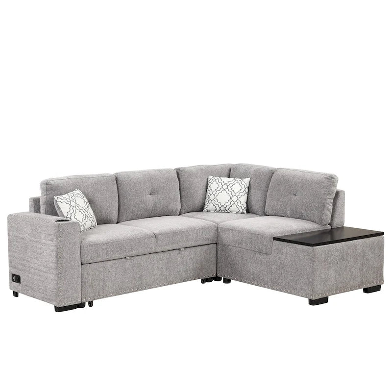 Canapé d'angle 4 places en L de 83,8 po avec lit gigogne, méridienne de rangement, ports USB, prises de courant et porte-gobelets