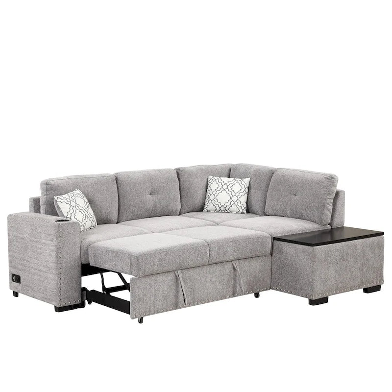 Canapé d'angle 4 places en L de 83,8 po avec lit gigogne, méridienne de rangement, ports USB, prises de courant et porte-gobelets