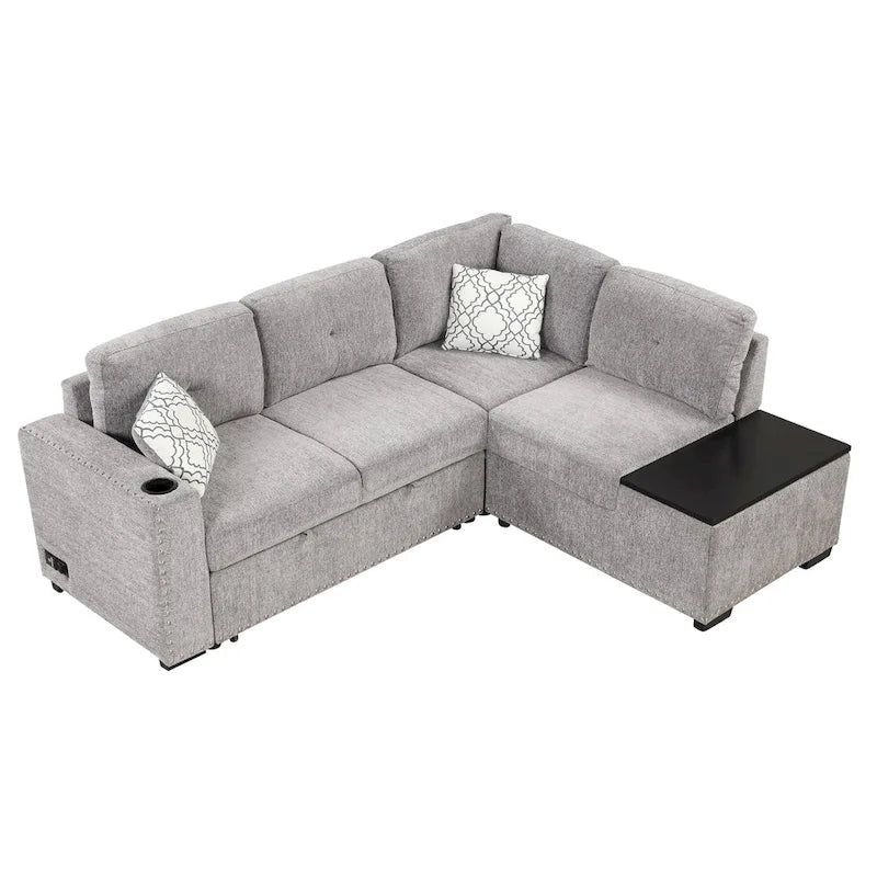 Canapé d'angle 4 places en L de 83,8 po avec lit gigogne, méridienne de rangement, ports USB, prises de courant et porte-gobelets