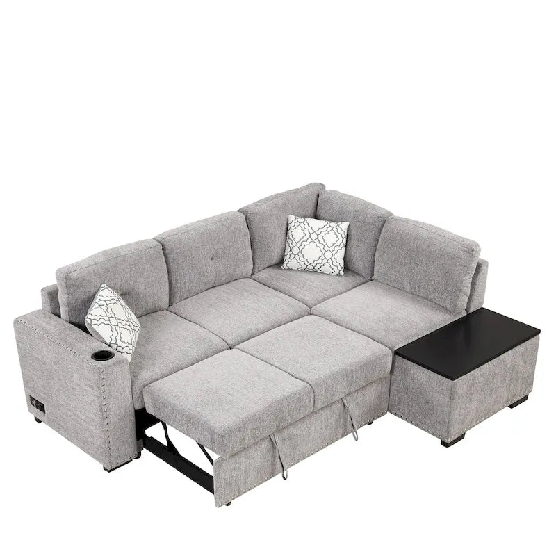 Canapé d'angle 4 places en L de 83,8 po avec lit gigogne, méridienne de rangement, ports USB, prises de courant et porte-gobelets