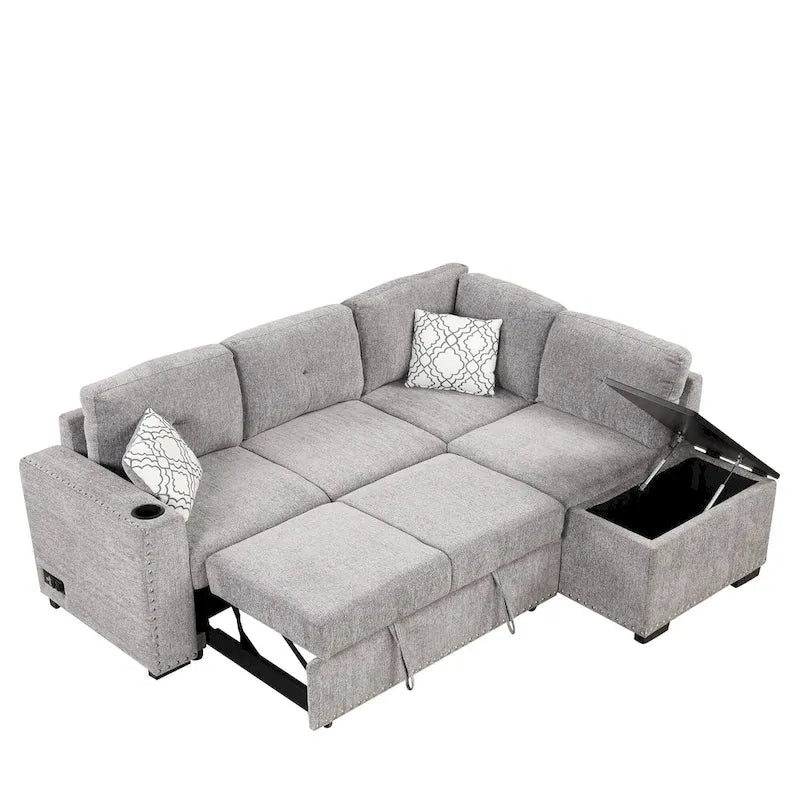 Canapé d'angle 4 places en L de 83,8 po avec lit gigogne, méridienne de rangement, ports USB, prises de courant et porte-gobelets