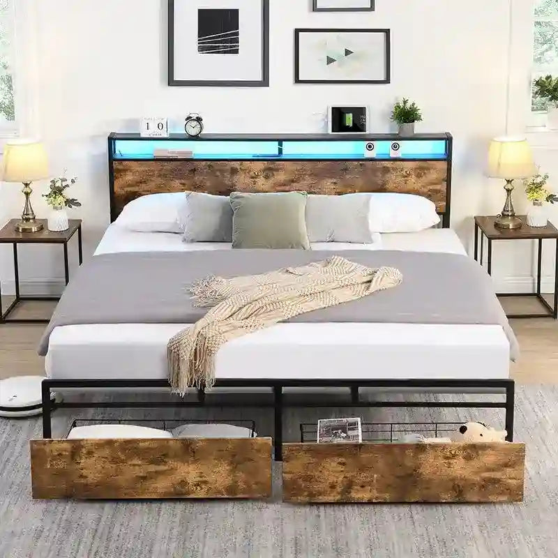 Lit plateforme en bois et métal avec tête de lit de rangement