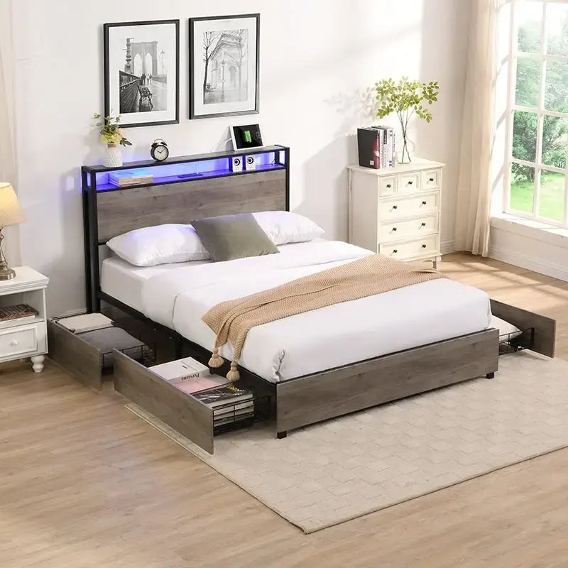 Lit plateforme en bois et métal avec tête de lit de rangement
