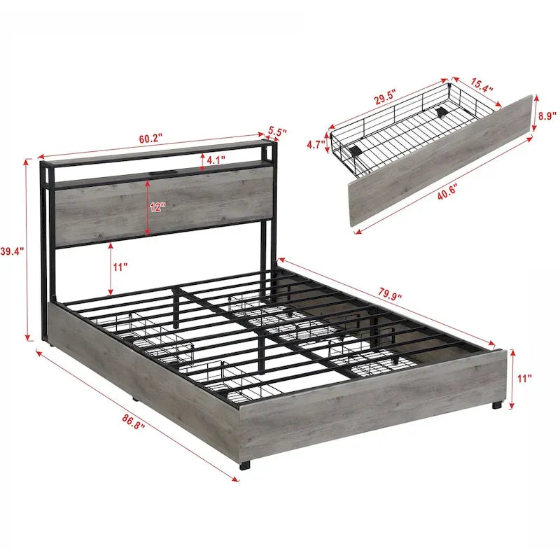 Lit plateforme en bois et métal avec tête de lit de rangement